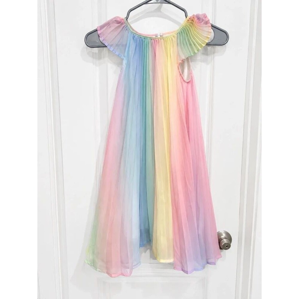 Rare Editions Girls Pastel Rainbow Pleated Chiffon Dress Size 5